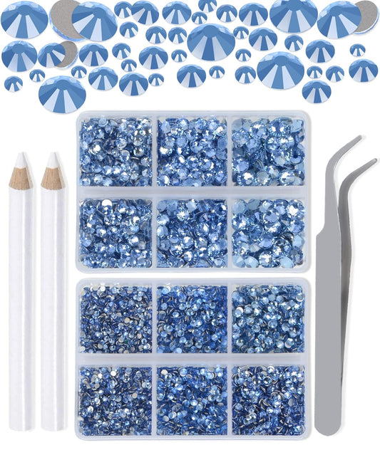 LPBeads 6000 Pieces Lt Sapphire Non Hotfix Rhinestones 6 Sizes Round Crystal Glass Flat Back