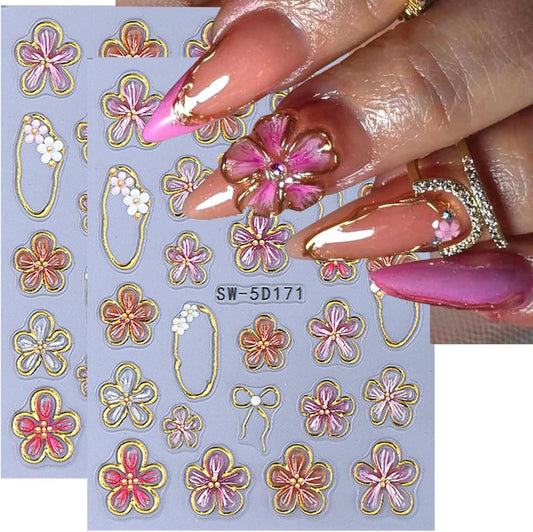 Flower Nail Stickers Decals 5D Embossed Flower Nail Decals Pink Five-Petaled Gold Floral Circle