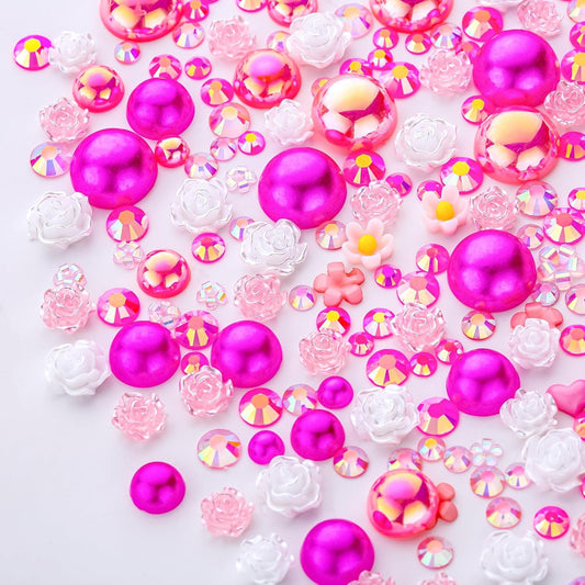 160g Peach Pink Flat Back Pearls Rhinestones with Gel for Crafts Mixed Size 3mm-10mm AB Color Round Half Pearls Flatback Pearl Beads and Resin Rhinestones Set for Face Art