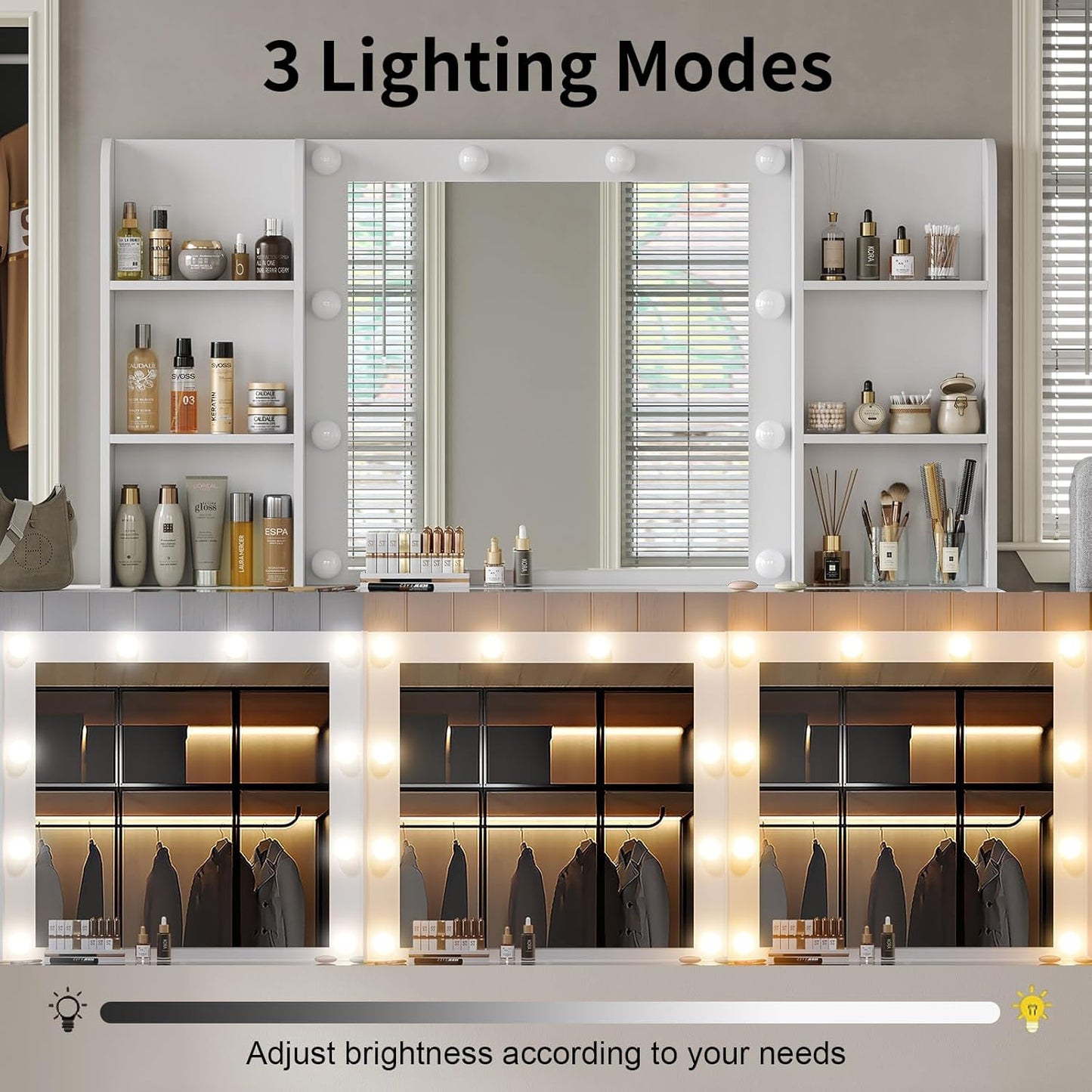 Vanity with Power Outlet, Vanity Desk with Mirror and 10 LED Lights, 10 Drawers Makeup Vanity with 6 Shelves, Fold-up Panel, Dressing Table for Bedroom, White