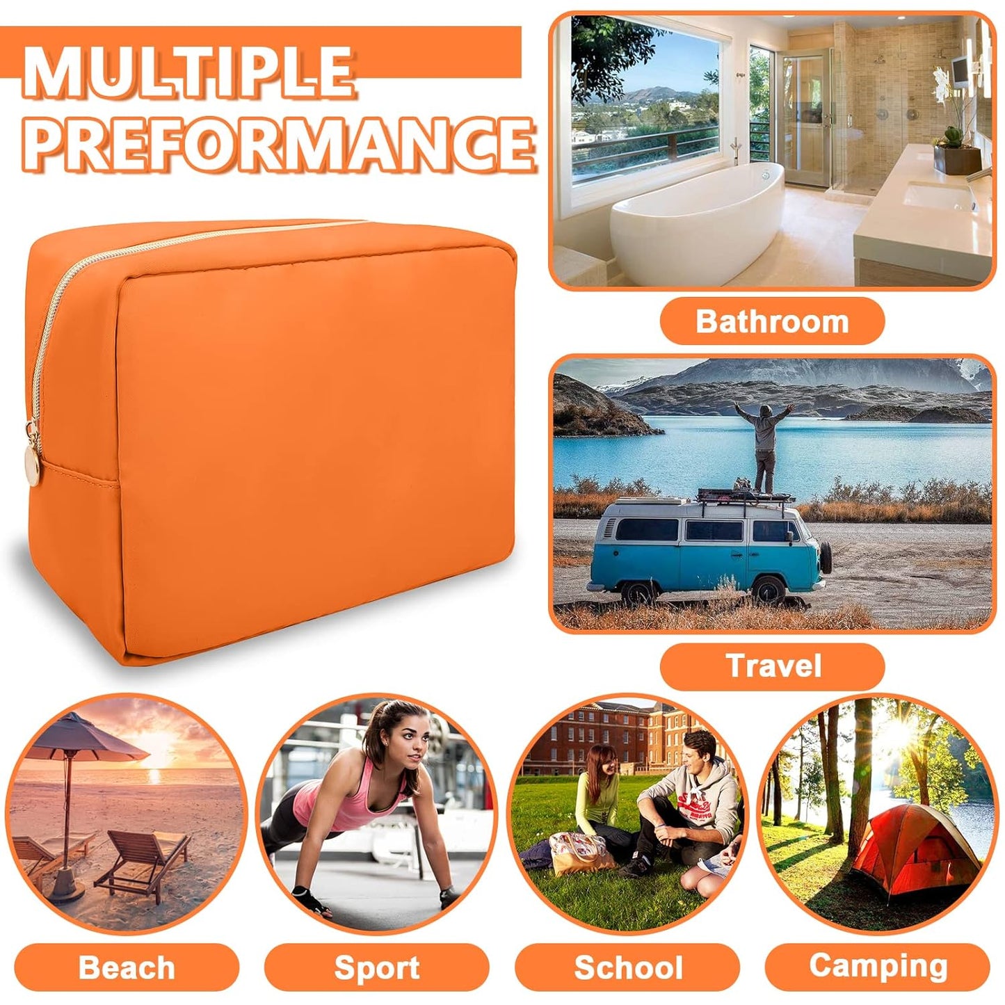 Large Makeup Bag Pouch,Nylon Women Travel Toiletry Storage Bag Preppy Cosmetic Bag for Girls,Big Makeup Organizer Bag Cute Zipper Pouch Skincare Bag for Sport Work Gift(Large-Peach)