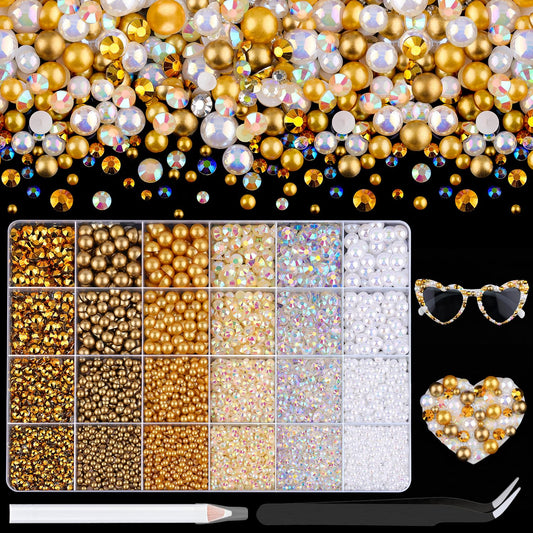 9000Pcs Flatback Pearls and Rhinestones for Bedazzling, White Brown Mixed Size 3-8mm Resin