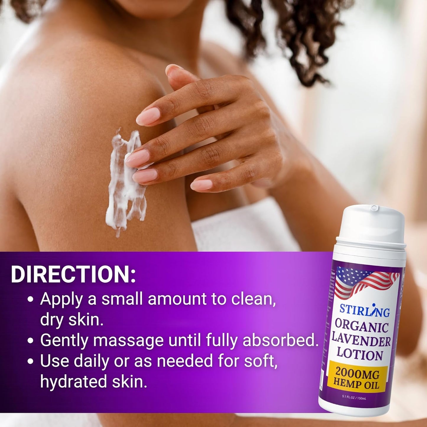 STIRLING Lavender Lotion – Organic Lavender with 2000mg Hemp Oil, Aloe Vera, and Vitamin E – Nourishing and Moisturizing Body Lotion for a Soft and Smooth Feel