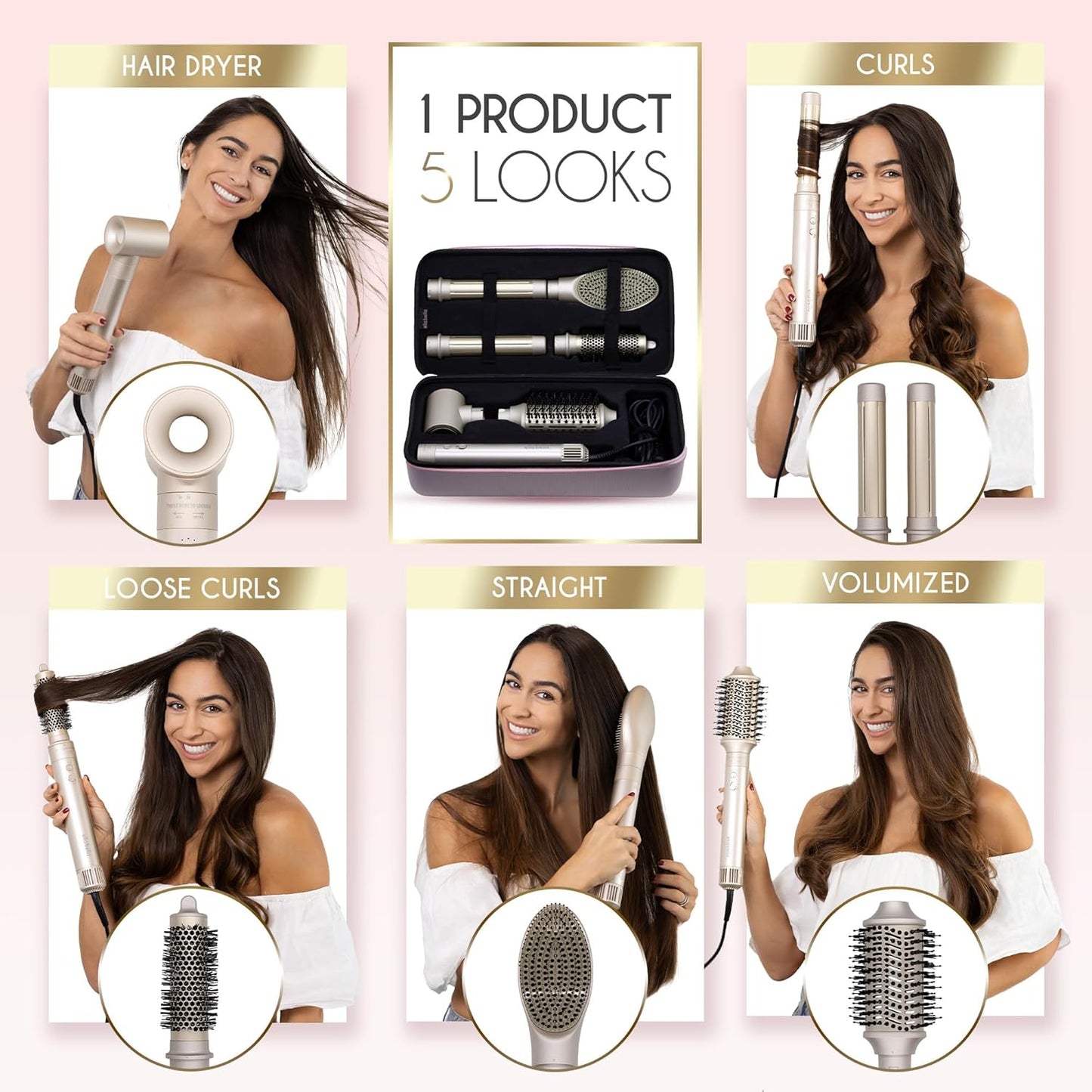 ELLA BELLA® 6 in 1 Professional Hot Air Styler • Powerful Hair Dryer & Straightener Set • Styling Without Heat Damage • Fast Drying Curling Volumizing Straightening • Includes Protective Travel Case