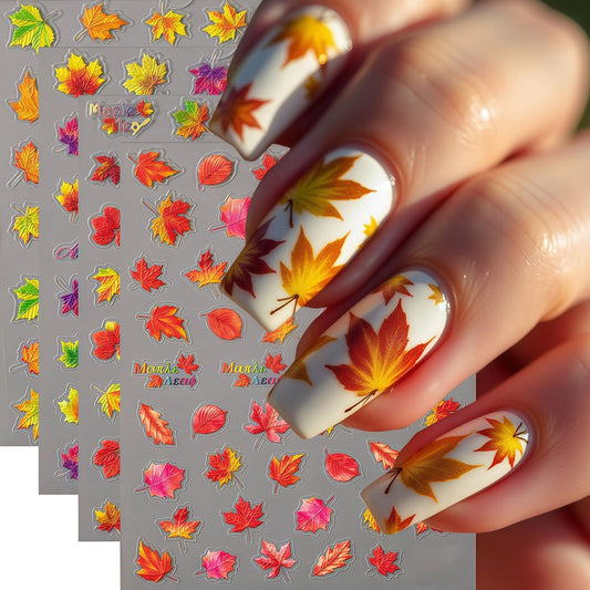 4 Sheets Fall Nail Art Stickers Maple Leaf Nail Decals 3D Self-Adhesive Autumn Leaves Design