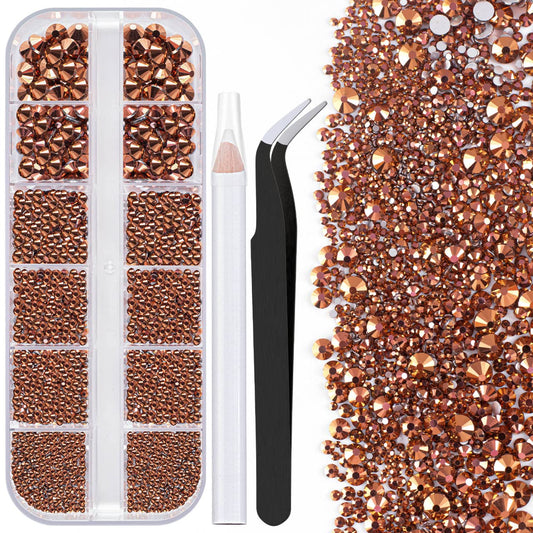 One Pack 2000 Pcs of Flatback Round Rose Gold Rhinestones 6 Sizes (1.5-6 mm) with Nail Art