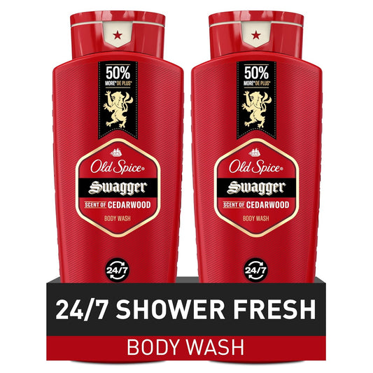 Old Spice Refreshing Body Wash for Men, 3X Defense, 24/7 Shower Fresh with Long Lasting Scent, Red Collection, Swagger with Cedarwood Scent, 24 oz (Pack of 2)