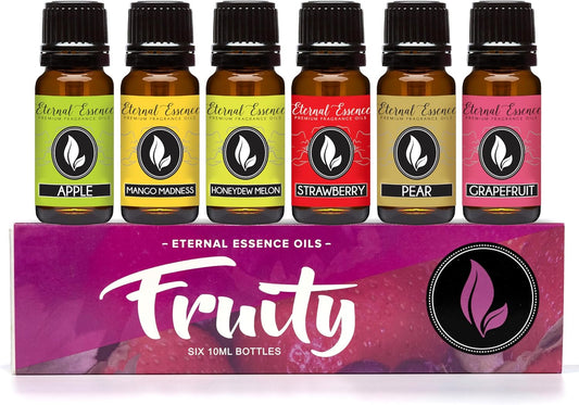 Eternal Essence Oils Fruity Set of 6 Premium Fragrance Oils - Includes Apple, Mango Madness, Honeydew Melon, Strawberry, Pear, and Grapefruit Scented Oil - 10ML