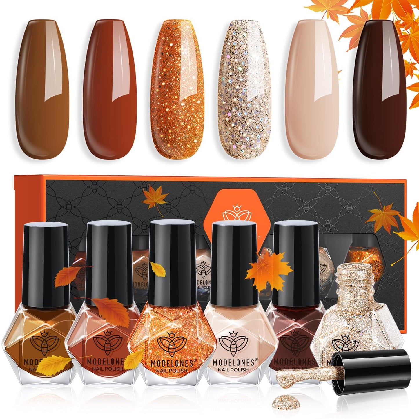 modelones Nail Polish Set, 6 Colors Fall Glitter Nail Polish Kit Orange Brown Quick Dry Fingernail Polish Manicure Nail Art Manicure DIY Home Salon Gifts for Women Mom