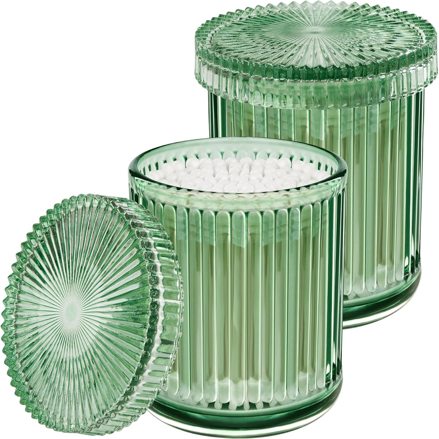 2 Pack Qtip Holders for Bathroom, Clear Glass Apothecary Jars with Lids,Vintage Bathroom Canisters for Cotton Balls,Swabs,Floss Picks,Hair Ties,Vanity Organizer and Storage Decor (Green)