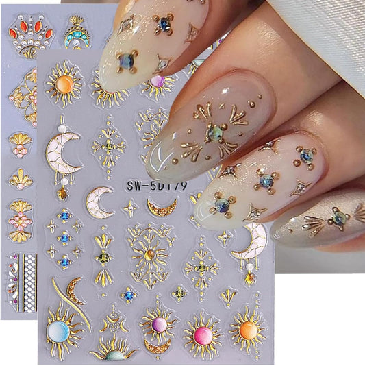 Bohemian Nail Stickers Gold Star Sun Moon Nail Designs Starfish Nail Decals 5D Embossed Gem Lace