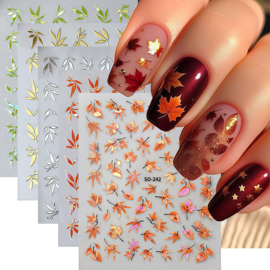 5 Sheets Fall Nail Art Stickers Autumn Maple Leaf Nail Decals 3D Self-Adhesive Thanksgiving Day
