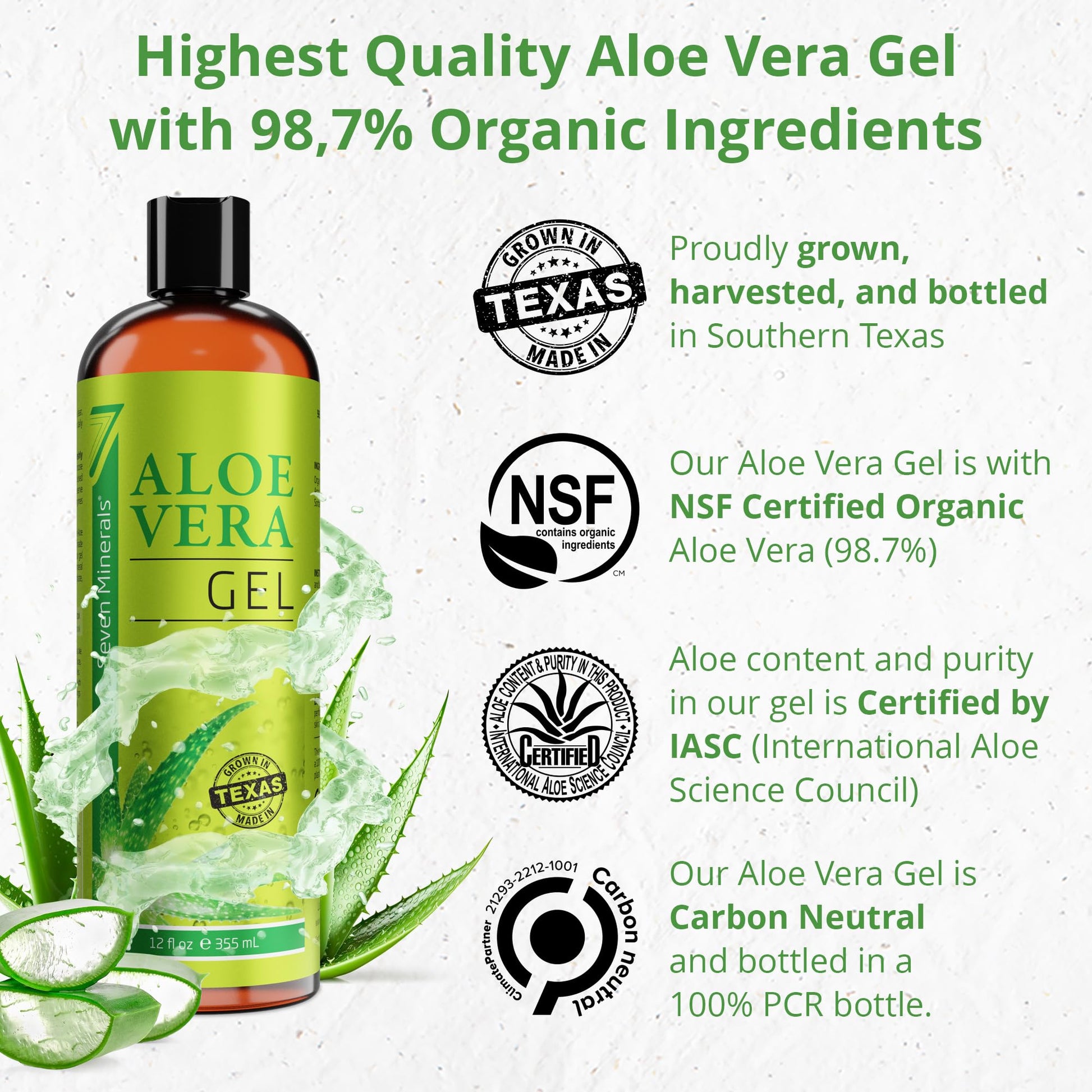 Seven Minerals Aloe Vera Gel with Freshly Cut Pure Organic Aloe - Big 12oz - Texas Grown