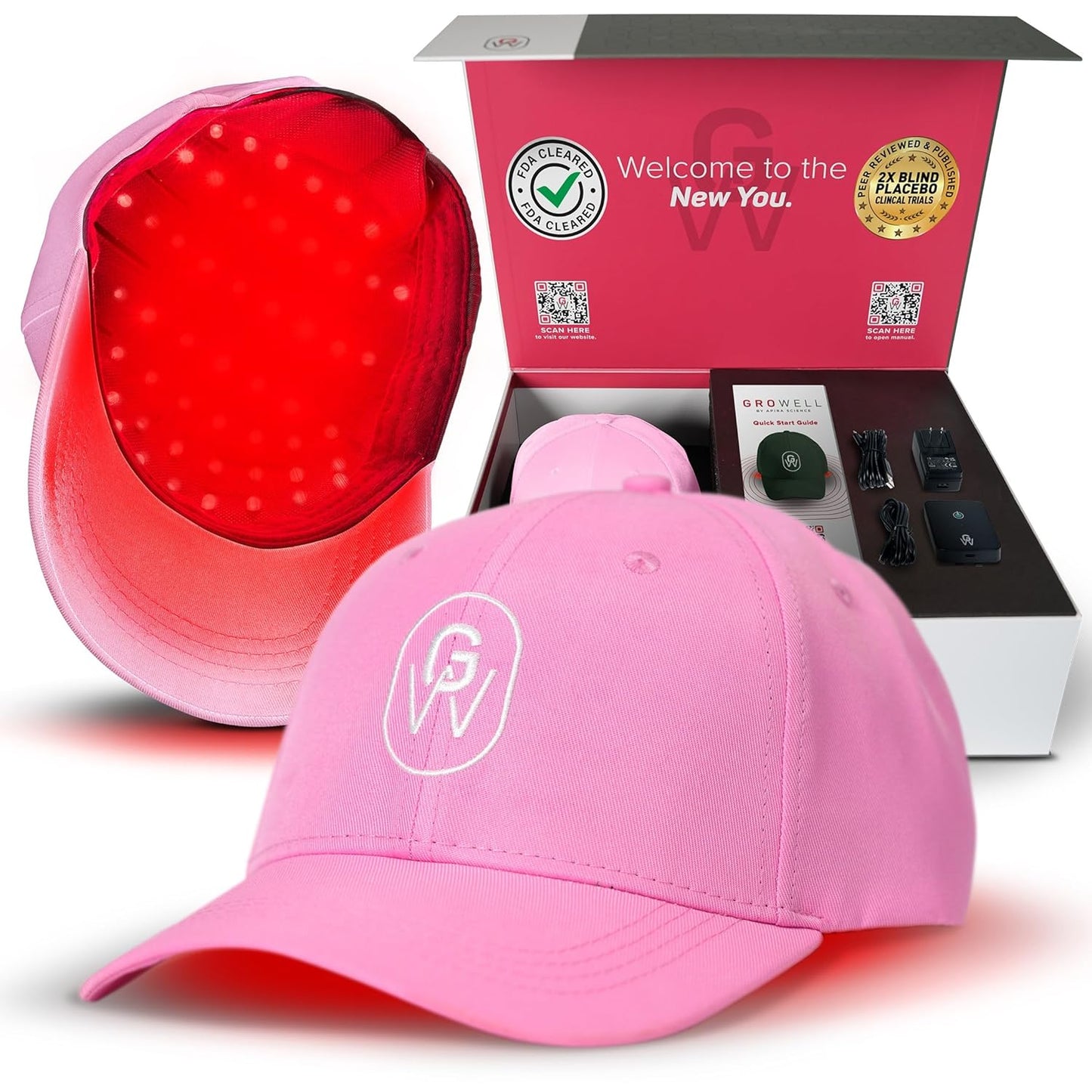 GroWell Red Light Therapy Hair Growth Cap – FDA Cleared Laser Treatment for Hair Regrowth and Reduced Shedding – LED & Laser Red Light Therapy Clinically Proven in Double-Blind Studies - Pink