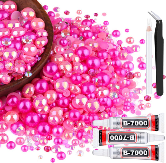80g Flatback Pearls and Rhinestones for Crafting, Dark Pink 3-10mm Resin Rhinestones and Half