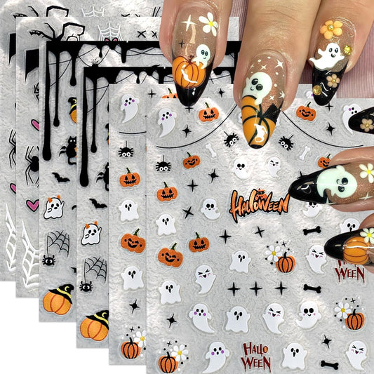 6Sheets Cute Ghost Nail Stickers for Nail Art,Micro-Relief Halloween Spider Nail Decals Pumpkin Cat