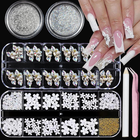 Rhinestones for Nails, Nail Art Charms 3D Flower Nail Charms for Acrylic Nails White Gold Supplies