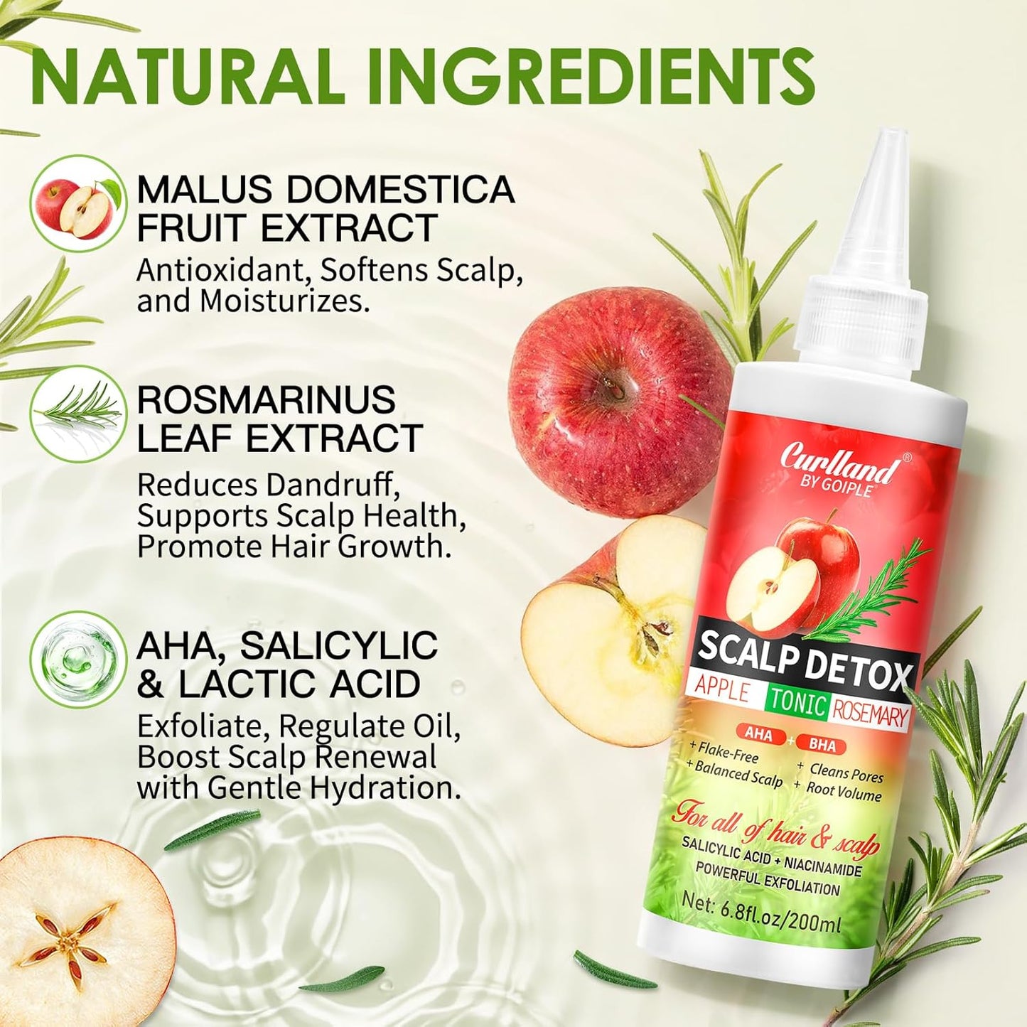 Rosemary & Apple Scalp Exfoliating Tonic - Scalp Detox Serum Deep Cleansing & Clarifying Treatment for Buildup, Dry Flaky Scalps - Soft Silicone Hair Scalps Massager Shampoo Brush for All Hair Types