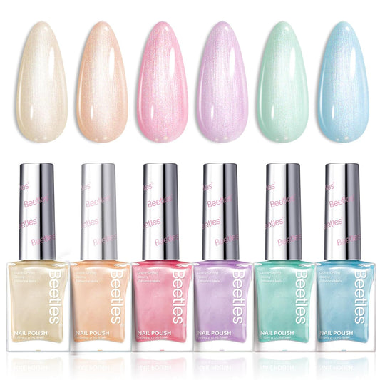 Beetles Nail Polish Set, 6 Colors Pearl Nail Polish Kit Pastel Pearl Shimmer Pink Orange Blue Green Dreamy Swirl Quick Dry Fingernail Polish Gifts for Women Salon DIY Manicure Kit
