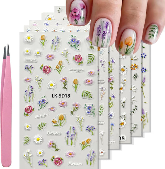 Flower Nail Stickers for Nail Art 5D Embossed Nails Decals Self Adhesive Spring Summer Floral Nails