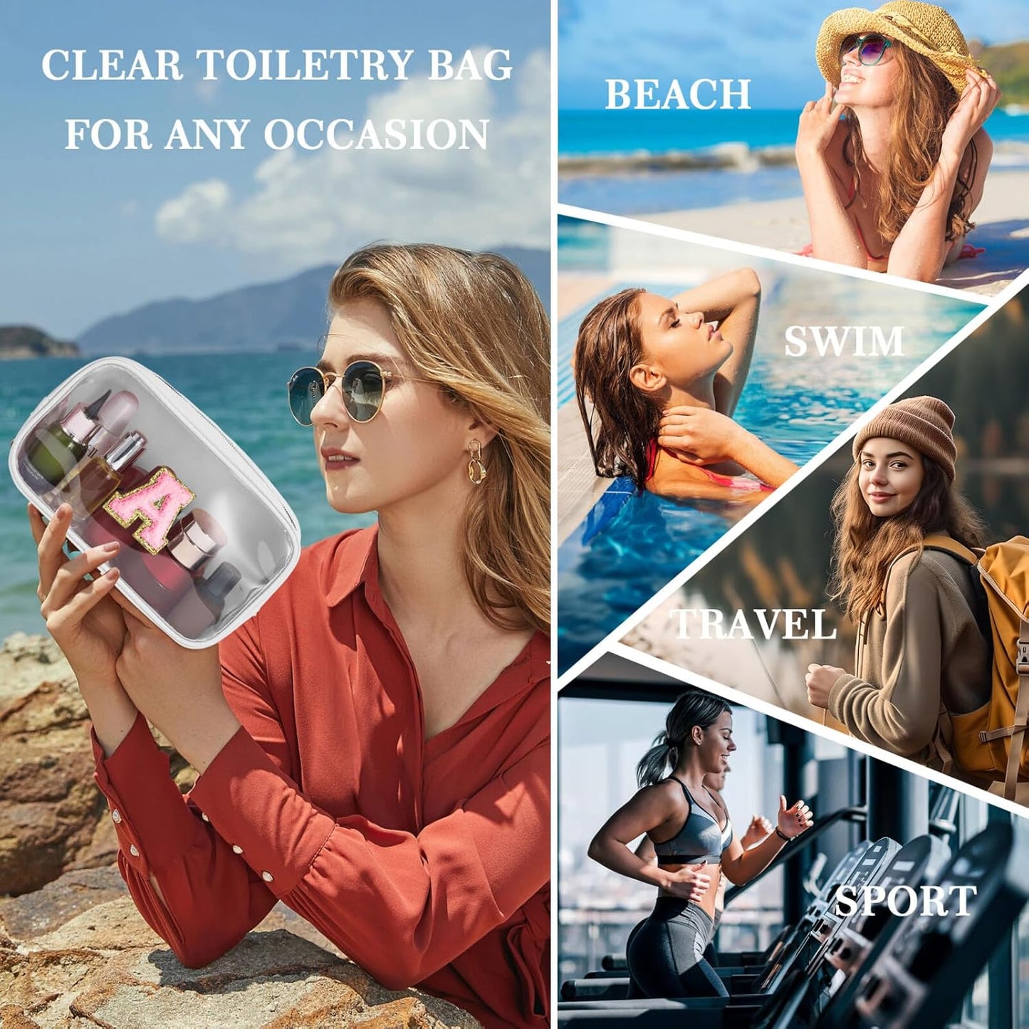 YOOLIFE Initial Make Up Bag Travel Toiletry Bag, Clear Makeup Bag Preppy Cosmetic Bag Clear Makeup Bags With Zipper Girlfriend Teacher 7 Year Old Girl Gifts Daughter Gifts Swim Gifts For Girls White V