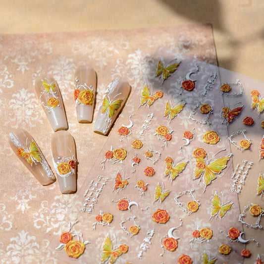Orange Nail Stickers Butterfly Flower Nail Art Decals 5D Embossed Slf Adhesive with Design Nails