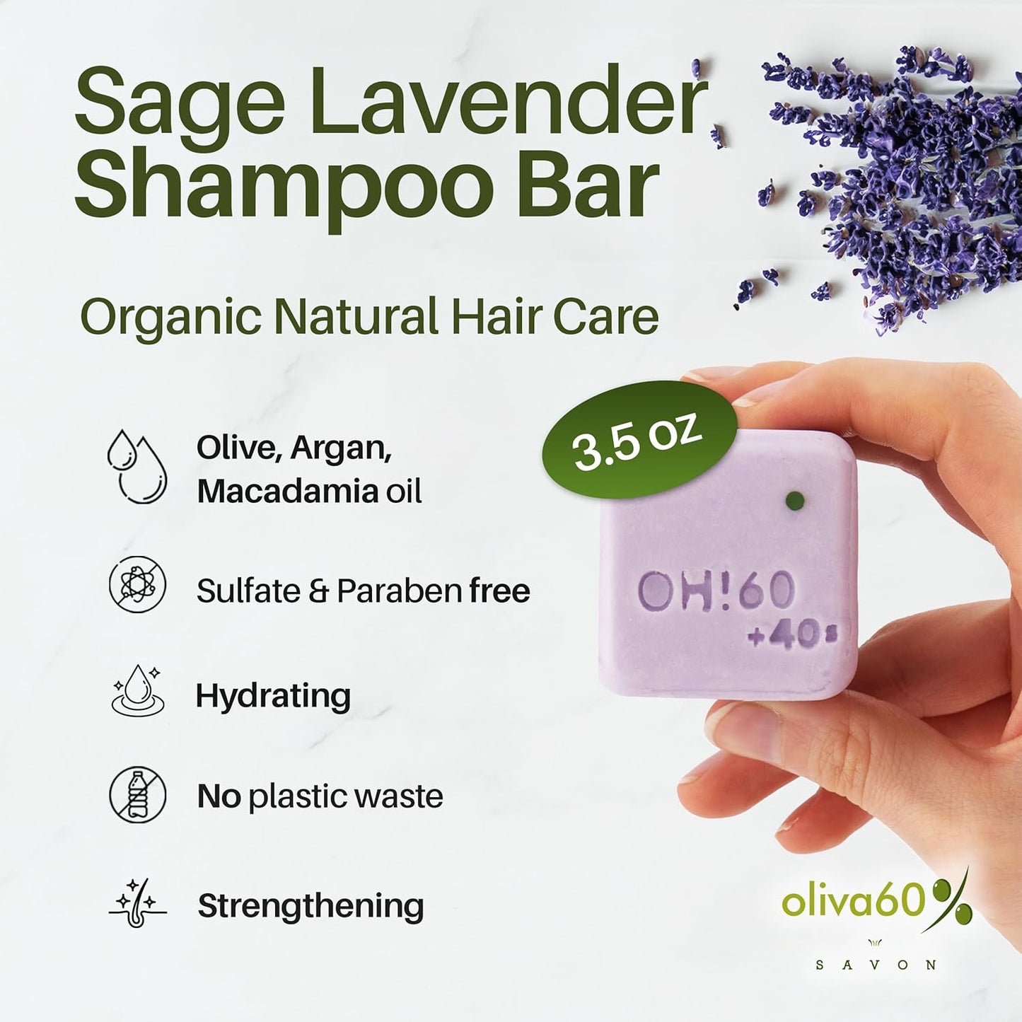 Shampoo Bar Sage Lavender | Hair Care - Made with Olive, Argan & Macadamia Oil | Sulfate & Paraben Free | Natural Hair Care | 3.5 oz | Hydrating & Strengthening | OLIVA 60