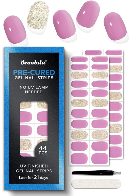Pre Cured Gel Nail Strips - 44PCS Salon Quality Gel Nail Stickers - Long Lasting Polish Wraps for