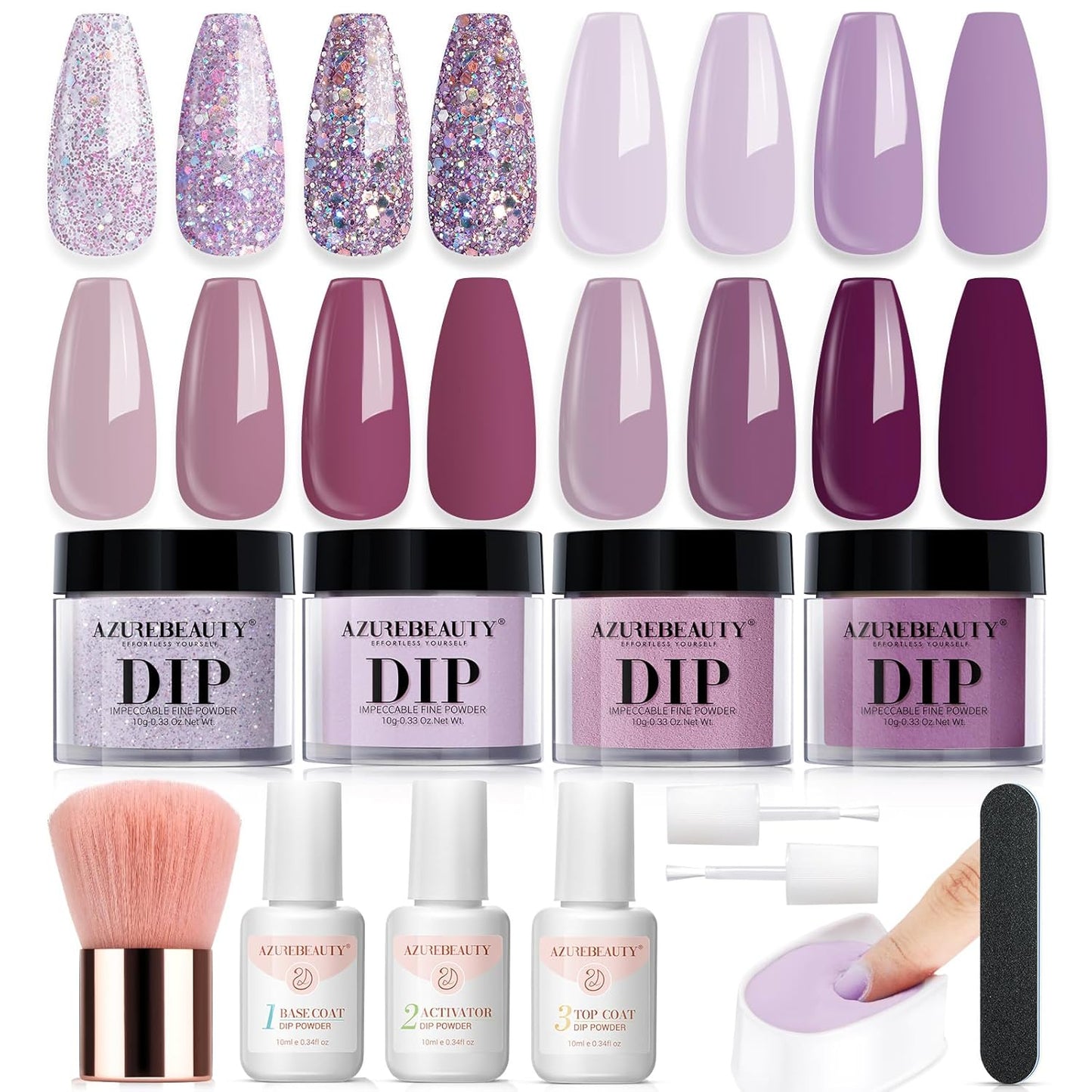 AZUREBEAUTY Dip Powder Nail Kit Dark Purple Lilac Purple Glitter 4 Colors Dip Liquid Set with Base/Top Coat Activator for French Art Manicure DIY Gift