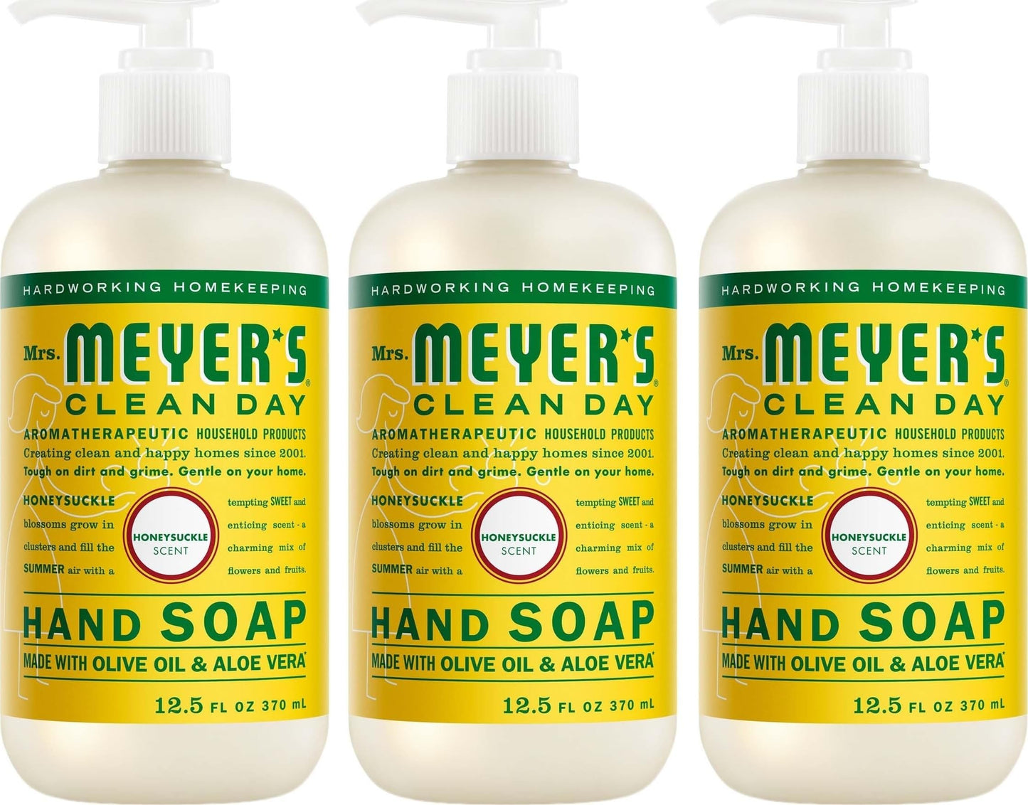 MRS. MEYER'S CLEAN DAY Hand Soap, Honeysuckle Scent, 12.5 Fl Oz Bottle - 3 Pack