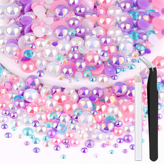 80g Flatback Pearls and Rhinestones for Crafting, Pink Purple Mixed Size 3-10mm Resin Rhinestones