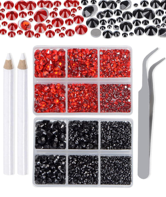 LPBeads 6000 Pieces Siam and Black Non Hotfix Rhinestones 6 Sizes Round Crystal Glass Flat Back