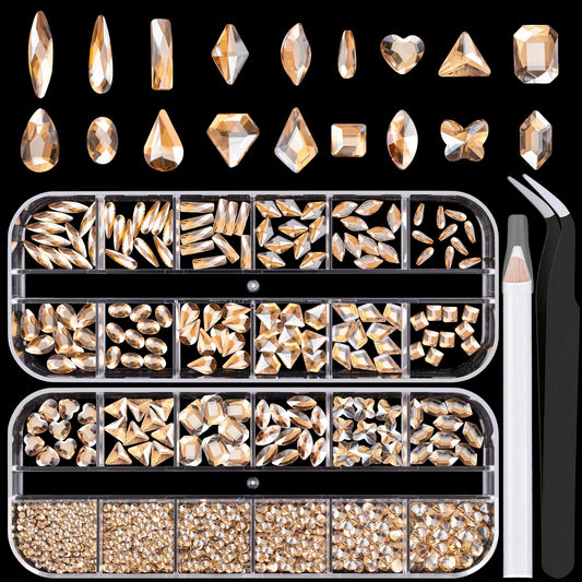 18 Styles Multi-Shaped Glass Gemstones for Nails and 6 Sizes Round Crystal Rhinestones Kit #5, Champagne Nail Art Charm Bead Manicure Decoration with Pickup Pencil and Tweezer