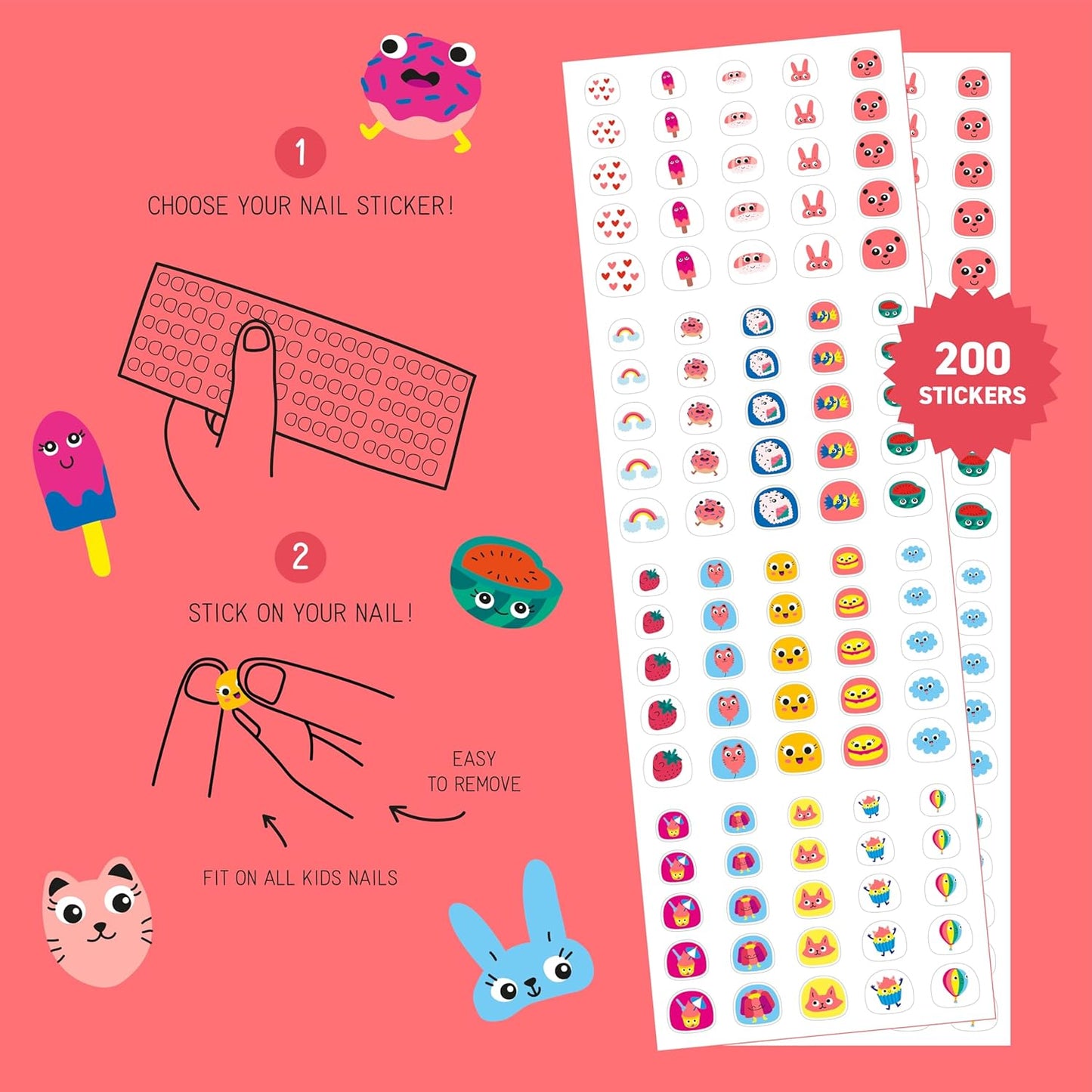 Omy Kawaii Nail Stickers for Kids - 200 Stickers, Waterproof, Durable, Fun, Creative Designs | Strong Enough to Last Through Hand Washing - Easy to Apply, Safe, Non-Toxic | Age 3 and Up