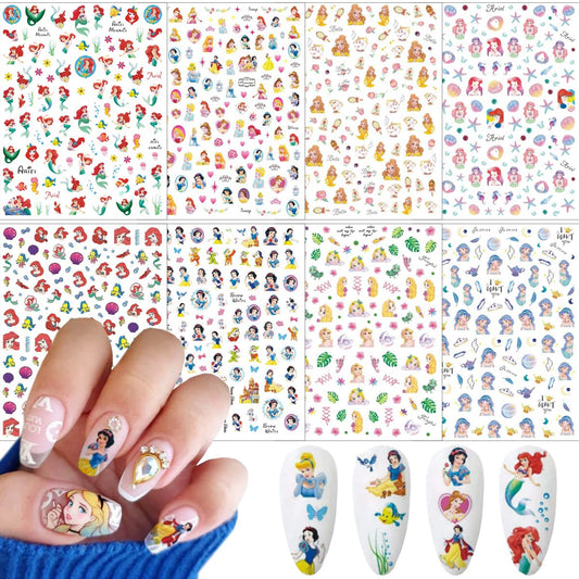 8 Sheets Cute Cartoon Nail Art Stickers Decals 3D Self Adhesive Kawaii Mermaid Design Acrylic Nail