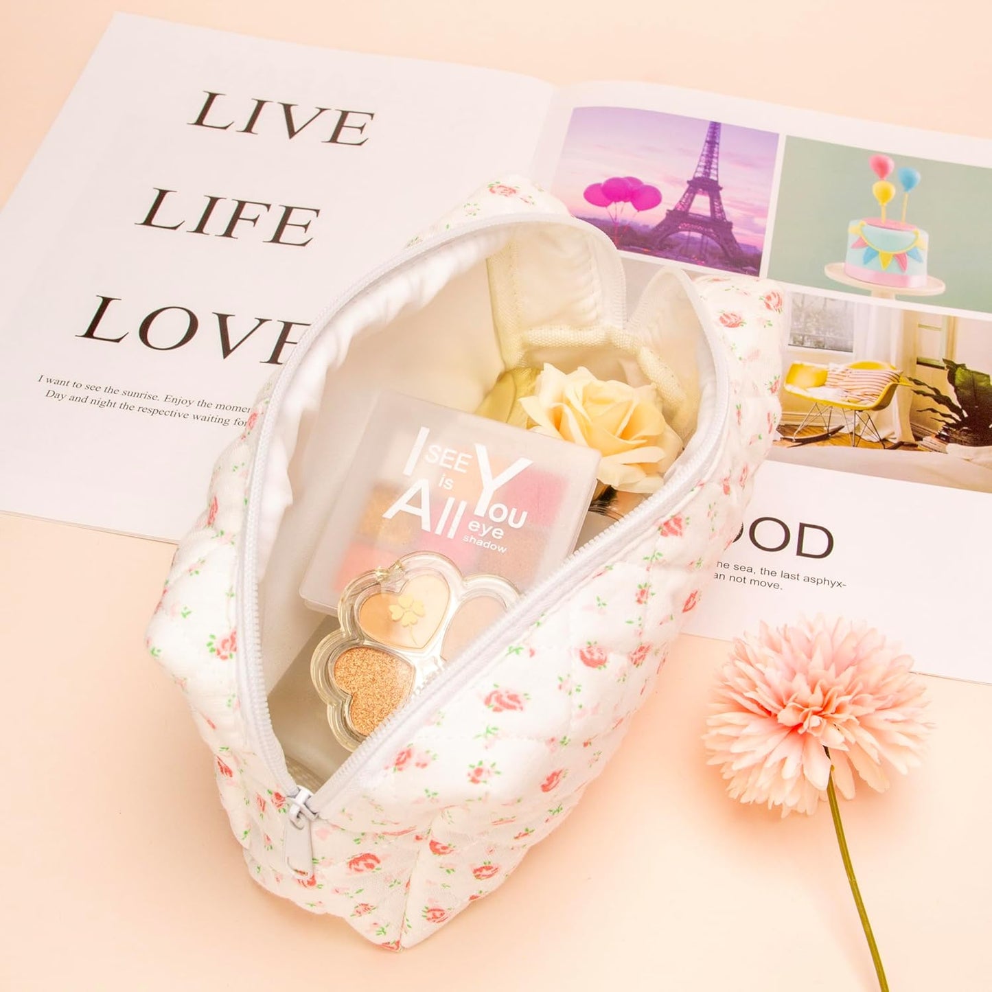 PAZIMIIK Vintage Quilted Makeup Bag Cosmetic Pouch for Brushes Pencils and Travel Make Up Accessories for Women and Girls Gauze Rose