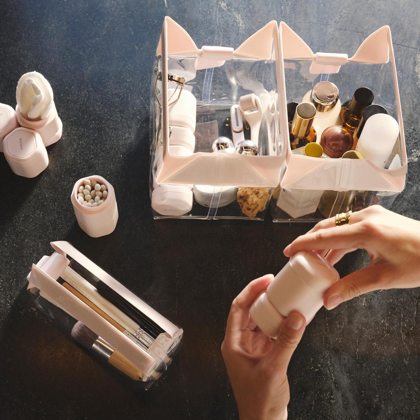 Cadence Travel Containers Basic Skincare Set - Magnetic Containers with Lids,Carry On Travel Essentials For Women/Men - 3 Small Capsules (0.56oz) - Cleanser, Moisturizer & Sun-Icon Labels - Evergreen