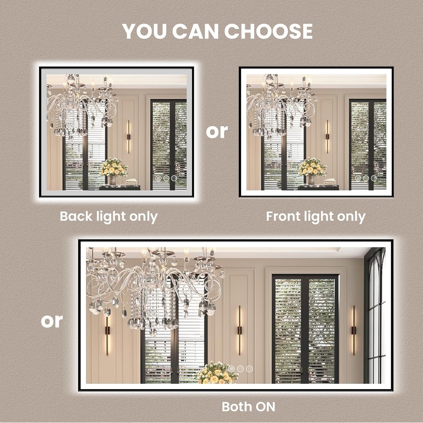 Amorho 24"x 36" LED Bathroom Mirror with Black Frame, Front Light and Backlit(Controlled Separately), Stepless Dimmable, Anti-Fog, Shatter-Proof, 3 Colors, Memory