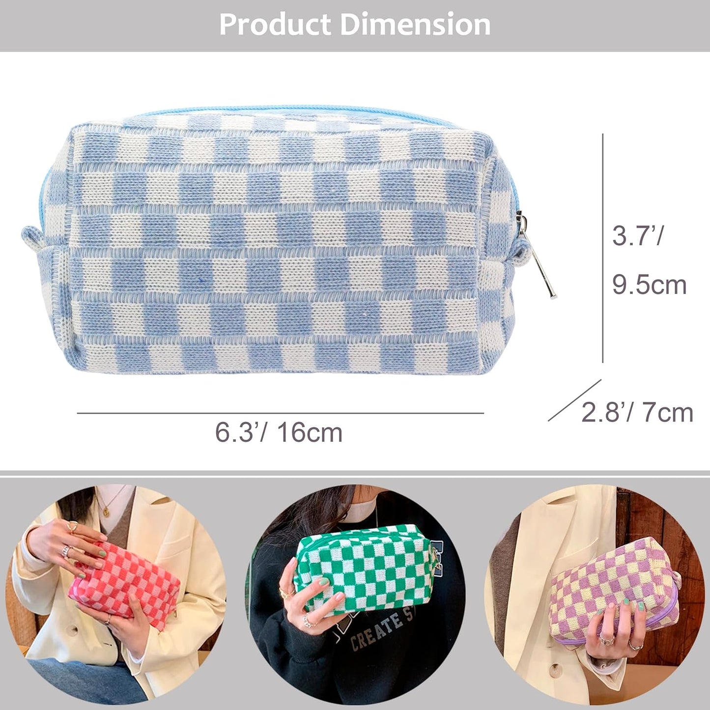 PAZIMIIK Checkered Makeup Bag for Purse Portable Zipper Make Up Pouch Small Cosmetic Case for Travel Accessories (2PCS Blue Light Green)