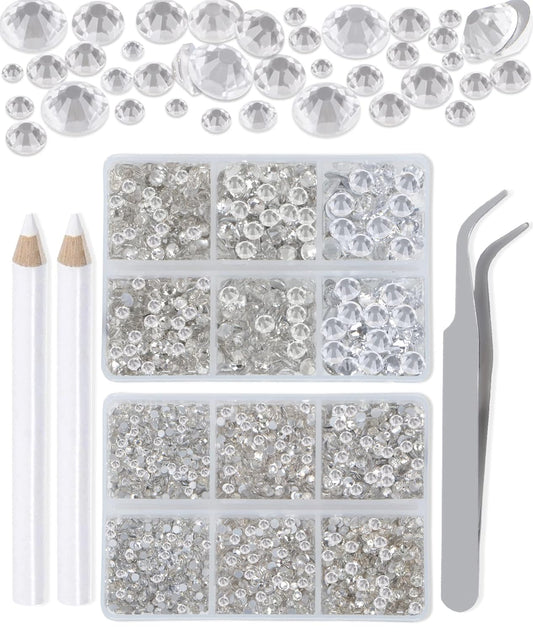 LPBeads 6000 Pieces Clear Non Hotfix Rhinestones 6 Sizes Round Crystal Glass Flat Back Rhinestones