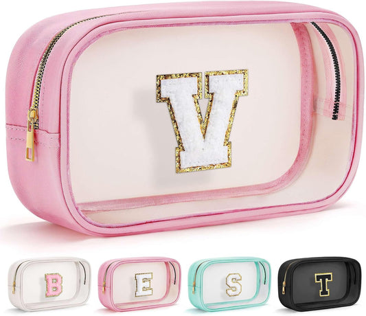 YOOLIFE Initial Travel Essentials Makeup Bag, Make Up Bag Skin Care Clear Toiletry Bag Pouch Cosmetic Bag Case Large Makeup Bag Personalized Pink Birthday Gifts for Women Teacher Mom Teen Friends V
