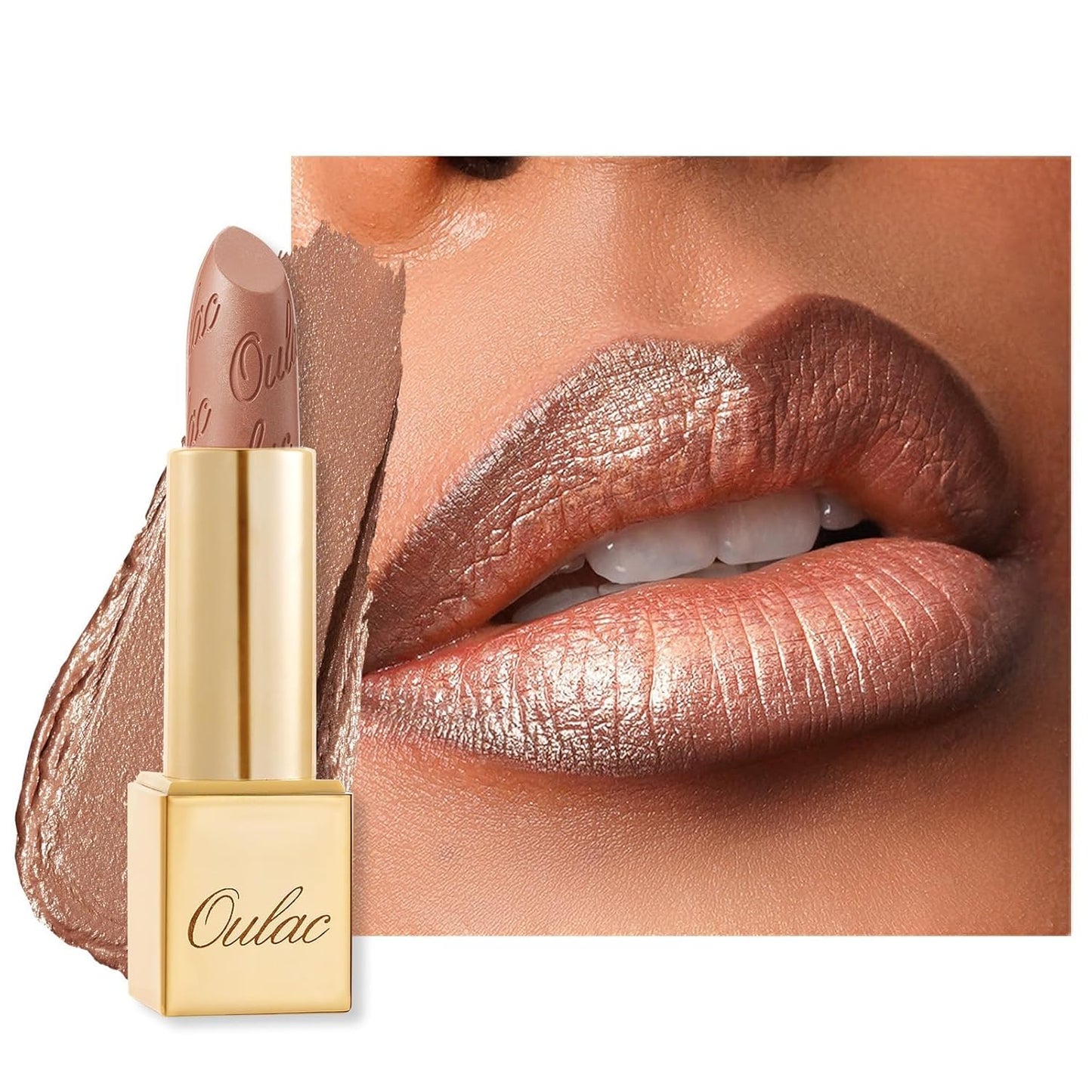 Oulac Metallic Lipstick for Women with Lightweight Hydrating Formula, Metallic Golden Nude Lip Stick, Vegan Beauty, Full Coverage Lip Makeup, Christmas Gifts for Women, Sahara Gold(10)