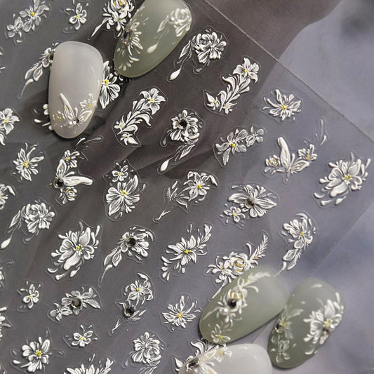 Flower Nail Art Stickers White Floral Nail Stickers 5D Embossed White Style Nail Decals Accessories