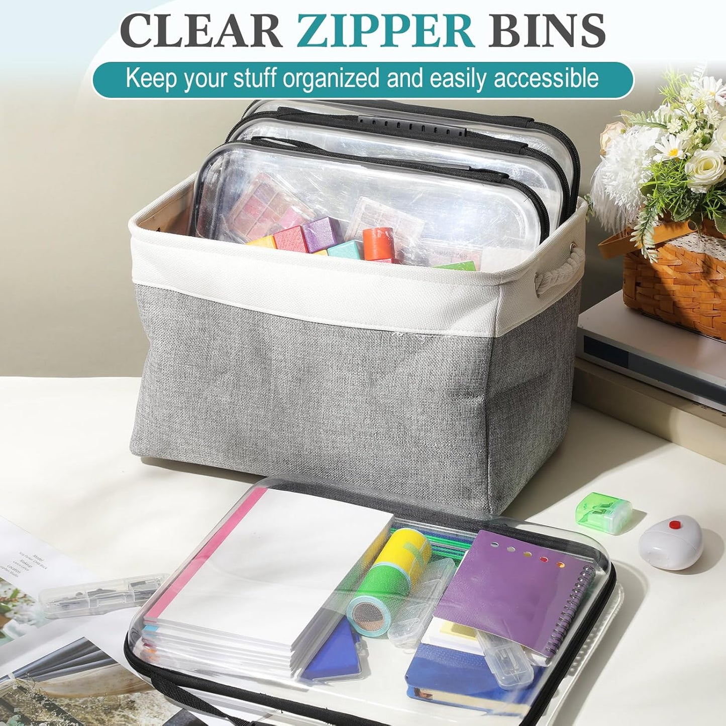 Sanwuta 4 Pcs Clear Hard Zipper Case with Handle Office Storage Cases Hard Plastic Pouches Transparent Bins for Crafts, Pencils, Snacks, Cosmetics, Puzzles(13.8 x 11.8 x 2 Inches,Black)