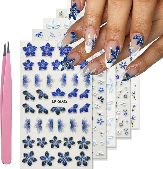 Nail Art Stickers Decals 5D Embossed Flower Nail Decals Self Adhesive Spring Summer Nails Supplies