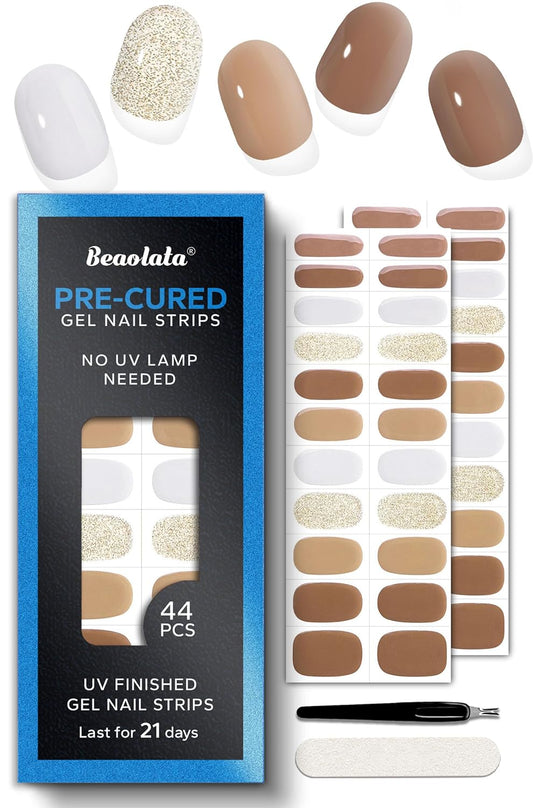 Pre Cured Gel Nail Strips - 44PCS Salon Quality Gel Nail Stickers - Long Lasting Polish Wraps for