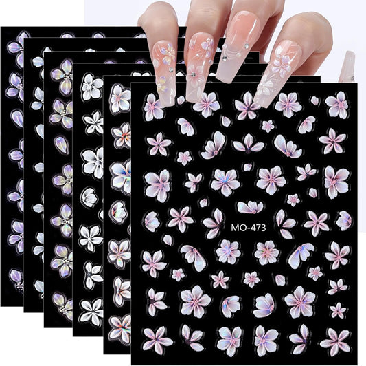 Flower Nail Stickers 6 Sheets Self-Adhesive Floral Nail Decals 5D Embossed Pink Purple White Nail