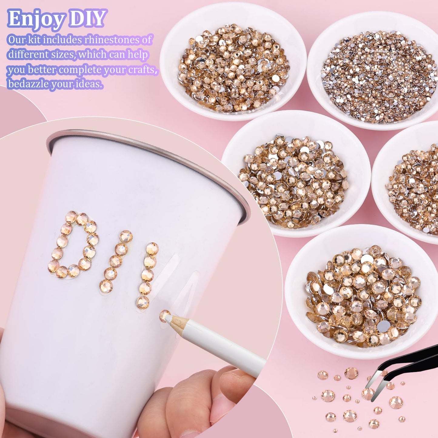 25000Pcs Resin Rhinestones with Tweezers for Crafting, Champagne 2-6mm Mixed Sizes Non Hotfix Flatback Gems, Bedazzling Crystal for DIY Craft Clothing Mugs Tumblers Shoes Fabric Decor Nail Art