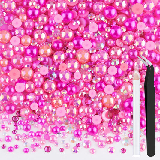 80g Flatback Pearls and Rhinestones for Crafting, Dark Pink Mixed Size 3-10mm Resin Rhinestones and