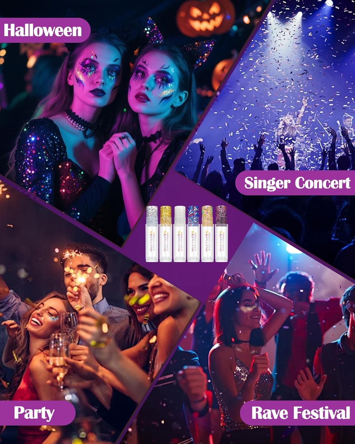 Body Glitter Stick, Waterproof Long Lasting Sparkling Face Shimmer Makeup, Singer Concerts Disco Music Halloween Festival Rave Accessories, Holographic Chunky Sequins Hair Stick,Gift for Women girl-23